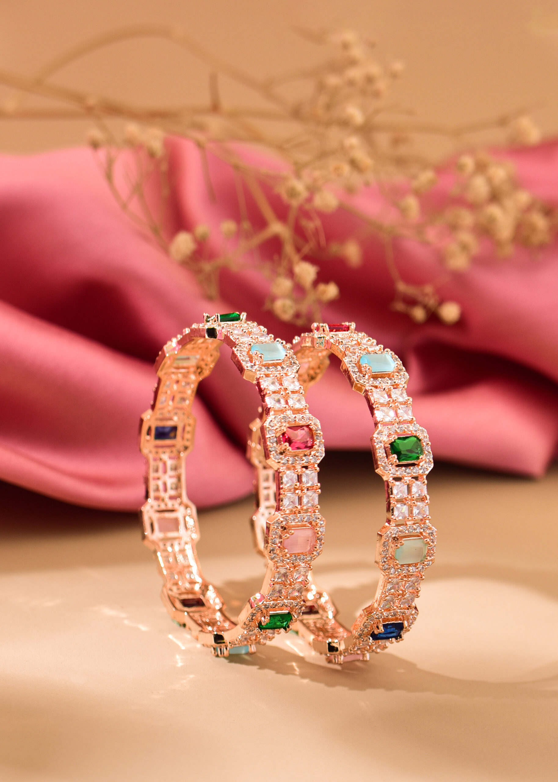 Gemstones Candy Rose Gold Bangles Set Nikhar Jewellery