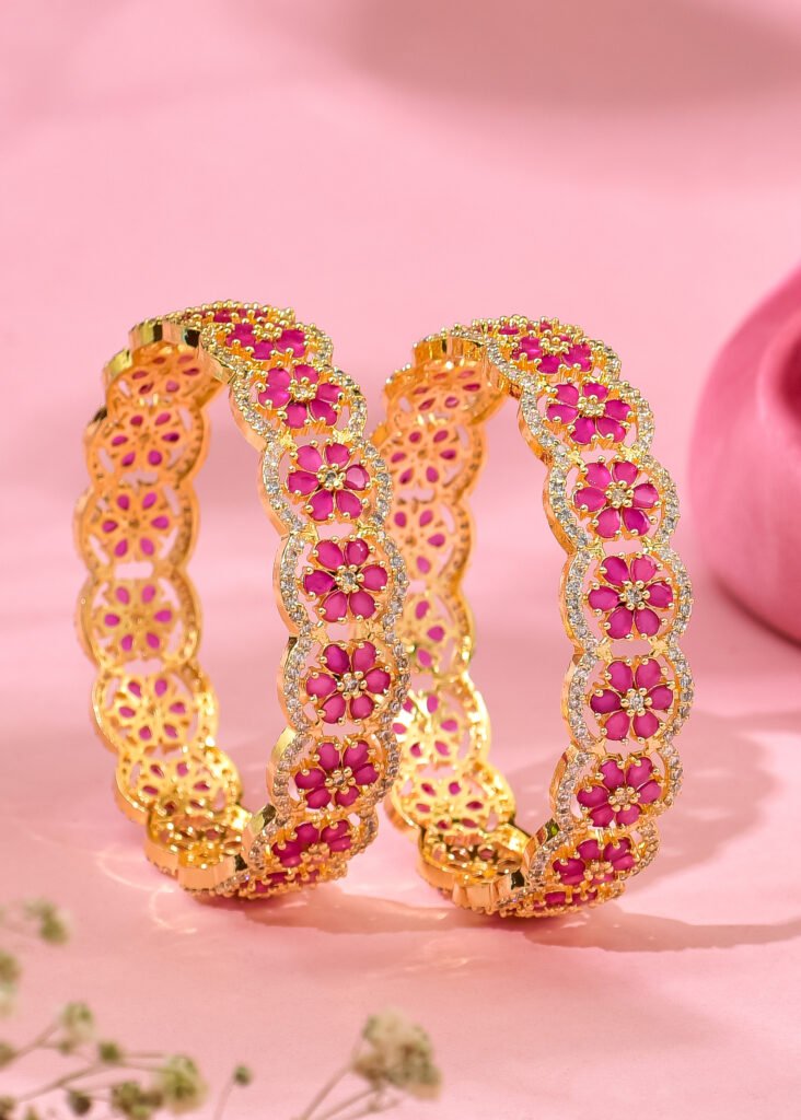Blush Pink Petal AD Bangles Set of 2 - Nikhar Jewellery