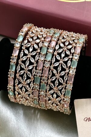 Mint Pink Royal Petal AD Bangle Set for 2 Hands