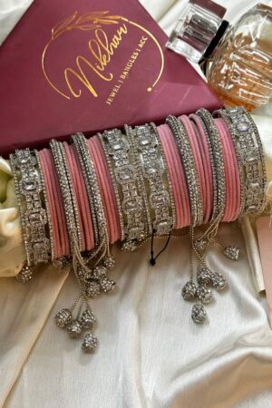 Diamond Sparkle Pink Melange AD Hanging Bangle Set for 2 Hands