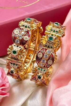 Ruby Emerald Blossom Premium Gold Polish Bangles Set of 2 (Openable)