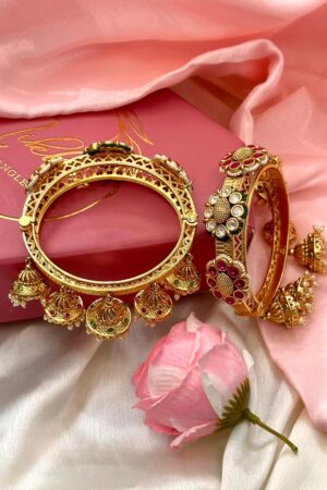 Rajwaada Polki Premium Gold Polish Hanging Bangles Set of 2 (Openable)