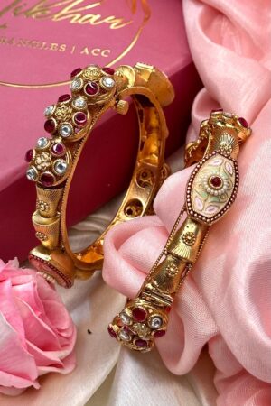 Luxury Matte Gold Polish Premium Polki Ruby Bangles Set of 2 (Openable)