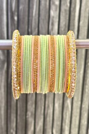 Pastel Mint Peach Gold Shimmer Bangles Set For 2 Hands