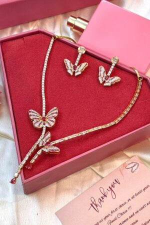 Butterfly Ruby Gold Shimmer American Diamond Necklace Set