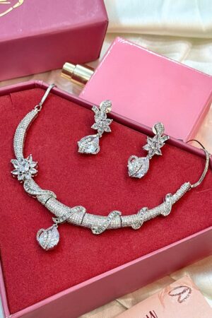 Hasli Lustre Legacy Silver Stone American Diamond Necklace Set