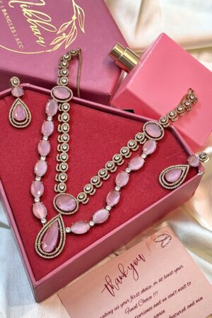 Pink Luxury Quality AC Kundan Setted American Diamond Necklace Set