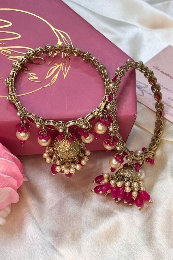 Hot Pink Bliss Pearl Drop Hanging Gold Bangles Set Of 2