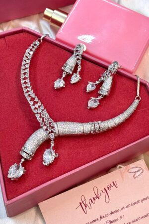 Hasli Dazzle Silver Crystal Stone American Diamond Necklace Set
