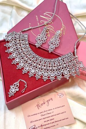 Silverstone Diamonds Dazzle Premium American Diamond Necklace Set with Maang Teeka