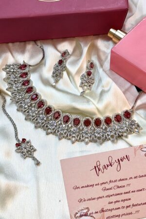 Flower Ruby Trending Silver Polish American Diamond Necklace Set with Maang Teeka