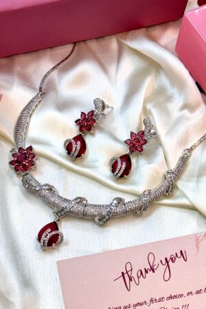 Hasli Ruby Lustre Legacy Silver Stone American Diamond Necklace Set