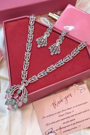 Mint Pink Twilight Charm Silver Polish American Diamond Necklace Set