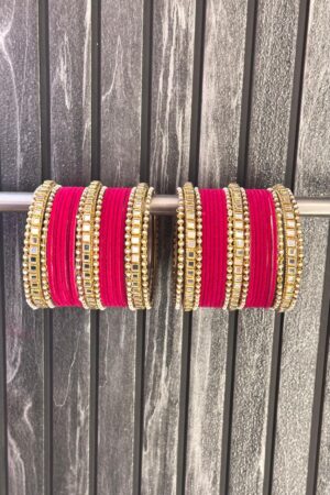 Strawberry Pink Kundan Pearl Bangle Set For 2 Hands