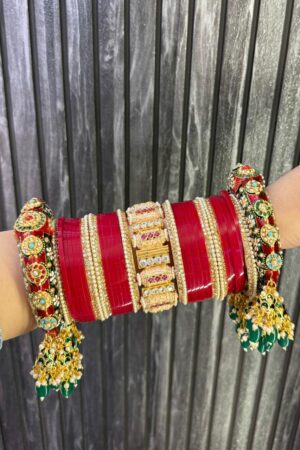 Rajwaada Maharani Premium Pearlite Ruby  Bridal Choora Set For 2 Hands