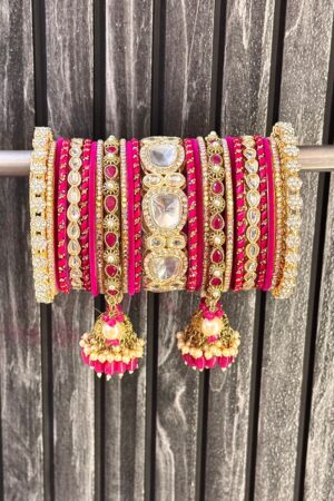 Velvet Pink Kundan Gold Bangle Set For 2 Hands