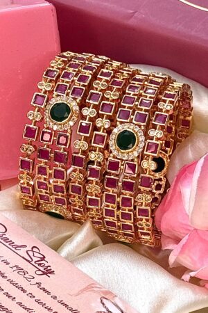 Ruby Emerald Royale American Diamond Gold Polish Bangle Set For 2 Hands