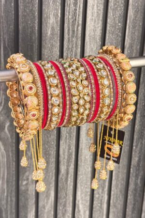 Ruby Emerald AC Kundan American Diamond Gold Polish Bangle Set For 2 Hands