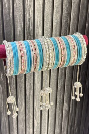 Sparkle And Shine Sky Blue Pink American Diamond Bangle Set for 2 Hands