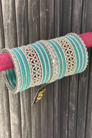 Royal Sky Blue Silver Glow Sparkle American Diamond Bangle Set for 2 Hands