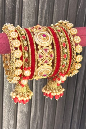 Red Dazzling Pearl Drop Gold Polish Bangle Set for 2 Hands