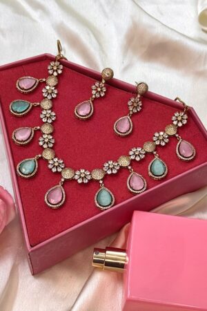 Pink Mint Seraphine Elegant American Diamond Necklace Set