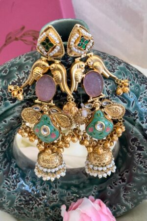 Ruhaani Mint Pink Kashmiri German Silver 22K Gold Polish Earrings