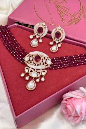 Ruby Moissanite Mother Of Pearls Premium Gold Polish Necklace Set