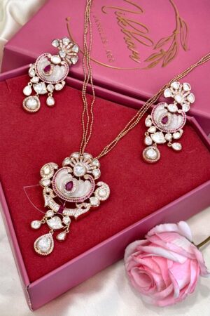 Mother Of Pearls Ruby Work Moissanite Gold Polish Pendant Set