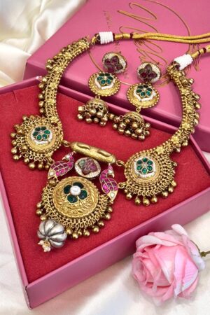Hasli Trending Ruby Emerald Pure 22K Gold Polish Necklace Set