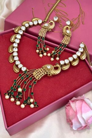 Peacock Royal Kundan Ruby Emerald Pure 22K Gold Polish Necklace Set