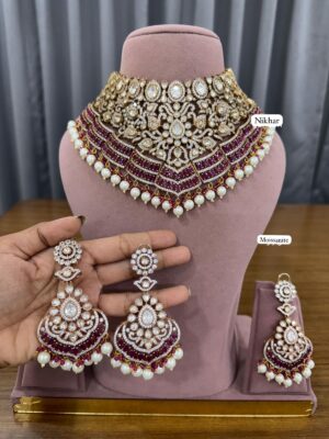 Kohinoor Ruby Moissanite Pearls Fine Quality Necklace Set with Maang Teeka and Earrings