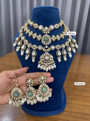 Layered Mint Pearl Moissanite Fine Quality Necklace Set with Maang Teeka and Earrings