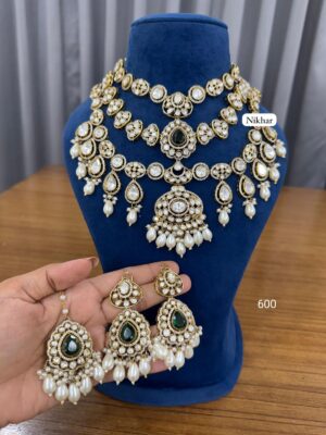 Layered Pink Pearl Moissanite Fine Quality Necklace Set with Maang Teeka and Earrings