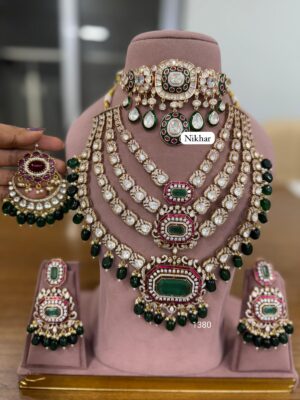 Royal Emerald Settled Ruby Moissanite Fine Quality Necklace Set with Maang Teeka and Earrings