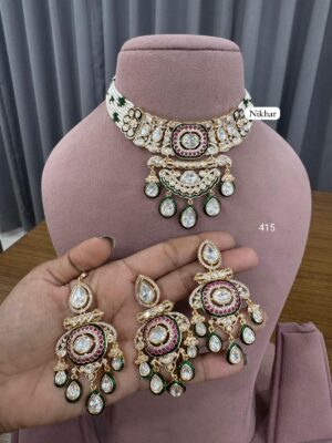 Pearl Moissanite Ruby Emerald Garnish Fine Quality Necklace Set with Maang Teeka and Earrings
