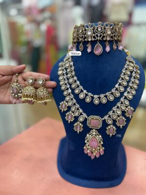 Heritage Pink Antique Moissanite Fine Quality Necklace Set with Maang Teeka and Earrings