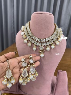 Moissanite Pearls 2 Layer Fine Quality Necklace Set with Maang Teeka and Earrings