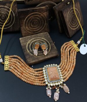 Peach Square GemStone Moissanite Fine Quality Choker Set with Earrings