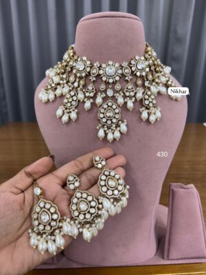 Mint Velvet Pearls Moissanite Fine Quality Necklace Set with Maang Teeka and Earrings