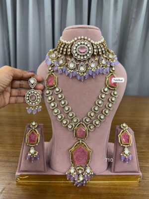 Lavendar Pink Moissanite Pearls Fine Quality Necklace Set with Maang Teeka and Earrings