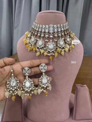 Haldi Special Moissanite Pearls Fine Quality Necklace Set with Maang Teeka and Earrings