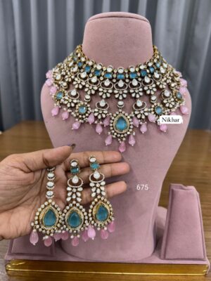 Turkish Pink Moissanite Pearls Fine Quality Necklace Set with Maang Teeka and Earrings