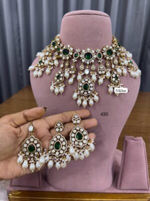 Emerald Velvet Pearls Moissanite Fine Quality Necklace Set with Maang Teeka and Earrings