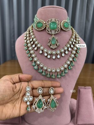 Royal Noor Mint Moissanite Fine Quality Necklace Set with Maang Teeka and Earrings