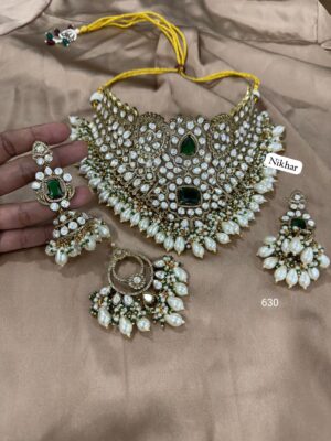 Maharani Mint Moissanite Fine Quality Necklace Set with Maang Teeka and Earrings