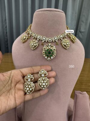 Ziva Emerald Moissanite Fine Quality Necklace Set with Maang Teeka and Earrings