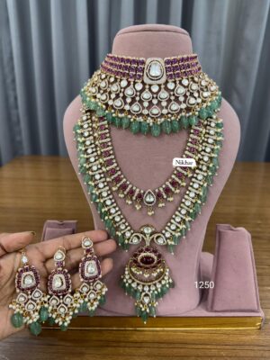 Noor Royal Ruby Mint Moissanite Fine Quality Necklace Set with Maang Teeka and Earrings