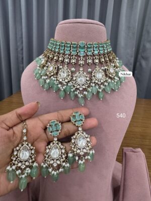 Mint Elegance Moissanite Fine Quality Necklace Set with Maang Teeka and Earrings