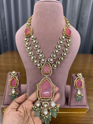 Kohinoor Luxuria Pink Gemstone Moissanite Fine Quality Necklace Set with Maang Teeka and Earrings